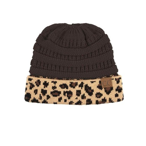 C.C Leopard Print Brown Messy Bun Beanie Hat - Picture 1 of 2